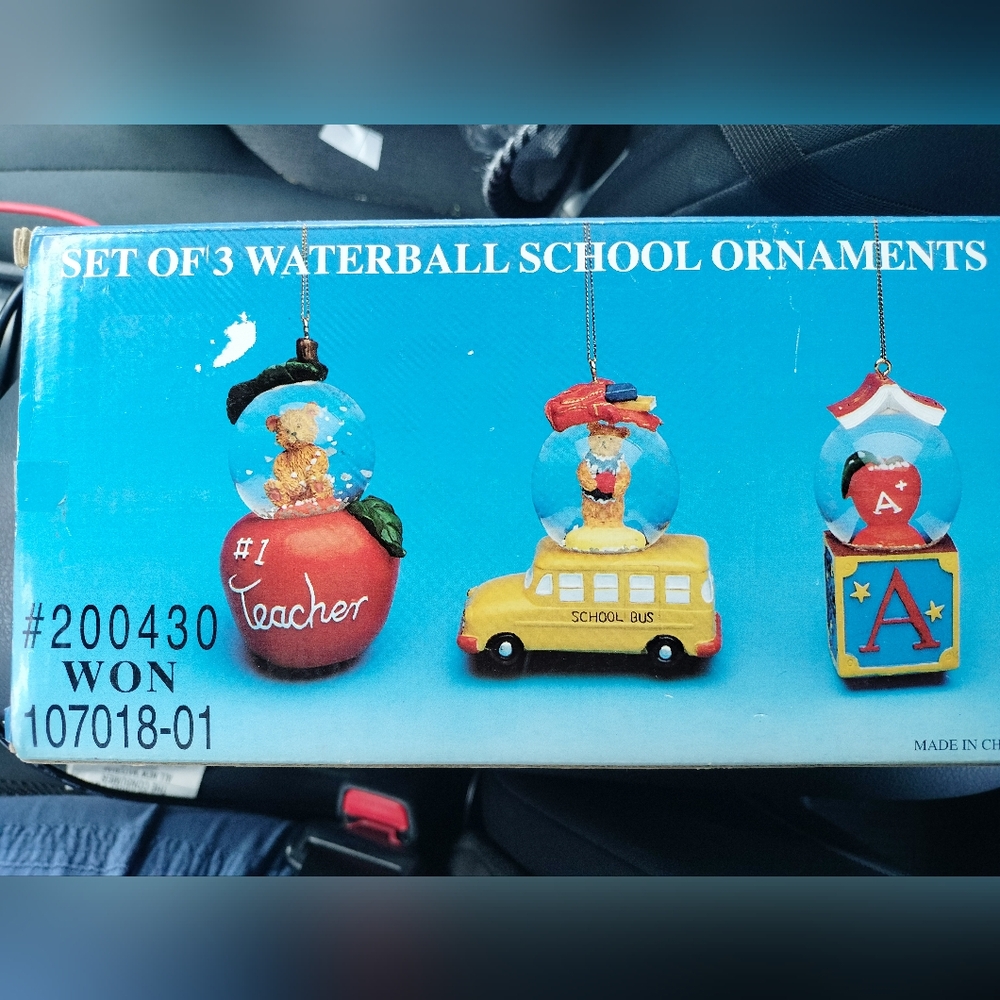 Set Of 3 School Bus Teacher Snow Globe Christmas Ornament